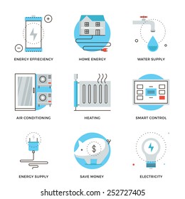 Thin line icons of internet of smart house technology system, wireless home control panel, energy savings and efficiency. Modern flat line design element vector collection logo illustration concept.