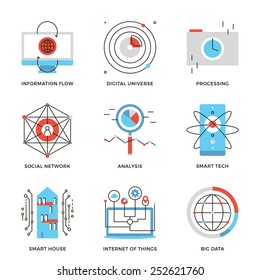 Thin line icons of internet of things technologies, big datum analysis, smart tech and futuristic communication processing. Modern flat line design element vector collection logo illustration concept.