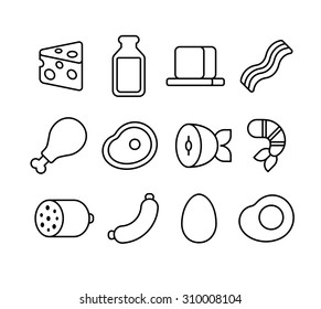 Thin line icons of meat, seafood and dairy products.