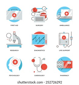 Thin line icons of medical services, diagnostic equipment, surgery tools, psychology and pharmacology, ambulance emergency. Modern flat line design element vector collection logo illustration concept.