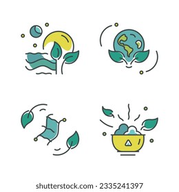 Thin line icons in a minimalist style. Linear, ecological icons. Icons on the theme of eco life, eco earth, eco fabric, eco food in colors green yellow blue