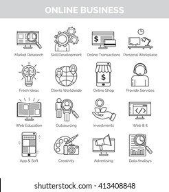 Thin line icons for online business planning, development and speares of engagement. Online shop, creative ideas, education, application development and other.