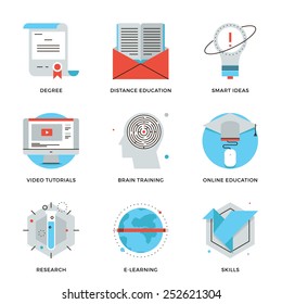 Thin line icons of online education, brain training games, internet tutorials, smart ideas, electronic learning process. Modern flat line design element vector collection logo illustration concept.