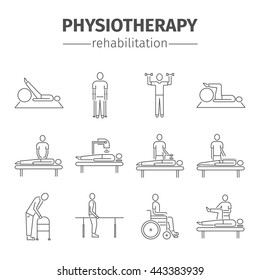 Thin line icons for physiotherapy, rehabilitation center. Physical exercise, gymnastics, massage, laser therapy, acupuncture. Design of web graphics. svg