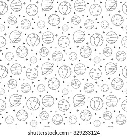 Thin line icons of planets in seamless pattern. Modern flat line design element vector collection logo illustration concept.