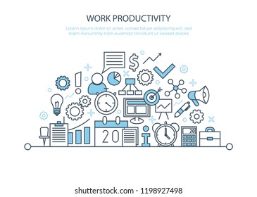 thin line icons for productivity concept, business icons set Management business vector outline style symbols for finance, strategy, marketing, seo, logistic, banking, Motivation,  Productivity poster