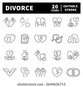 Ícones de linha fina relacionados ao divórcio e separação. Divorce ícones de vetor em estilo de linha