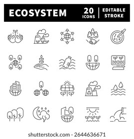 Thin line icons related to ecosystem and environment. Ecosystem vector icons in line style