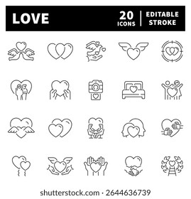 Thin line icons related to love and feelings. Love vector icons in line style