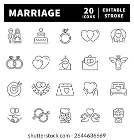 Ícones de linha fina relacionados a casamento e amor. Ícones de vetor de casamento no estilo de linha