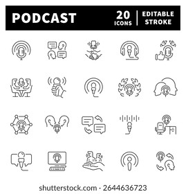 Ícones de linha fina relacionados a podcast e transmissão. Ícones vetoriais do podcast no estilo de linha