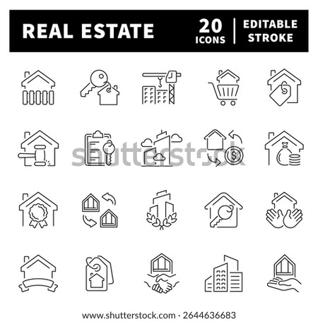 Thin line icons related to real estate and property. Real estate vector icons in line style