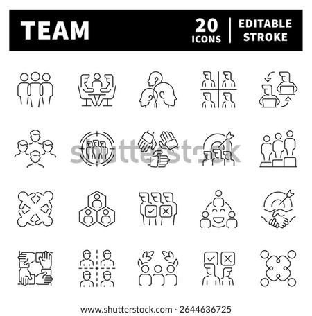 Thin line icons related to team and teamwork. Team vector icons in line style