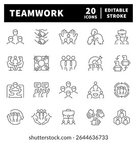 Iconos de línea delgada relacionados con el trabajo en equipo y la asociación. Iconos del vector del trabajo en equipo en estilo de la línea