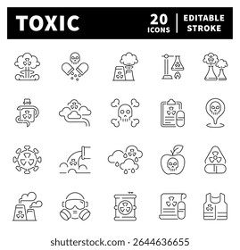 Thin line icons related to toxic and radioactive. Toxic vector icons in line style.