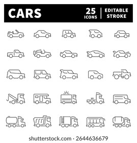 Thin line icons related to vehicles and cars. Car shapes vector icons in line style. Sedan, coupe, hatchback, SUV, convertible, station wagon, minivan, pickup truck, roadster, fastback