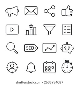 Thin line icons representing online marketing, analytics, SEO, and automation tools and concepts.