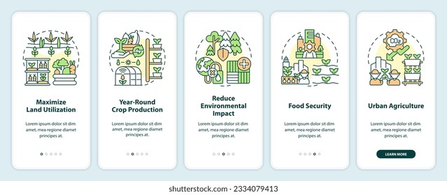 Thin line icons representing vertical farming and hydroponics mobile app screen set. 5 steps graphic instructions, UI, UX, GUI template.
