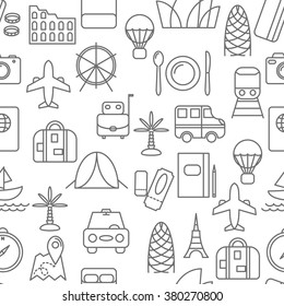 Thin line icons seamless pattern. Travel and transportation icon white background for websites, apps, presentations, cards, templates.