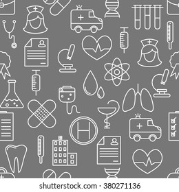 Thin Line Icons Seamless Pattern. Medicine And Healthcare Icon Grey Background For Websites, Apps, Presentations, Cards, Templates.