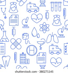 Thin Line Icons Seamless Pattern. Medicine And Healthcare Icon White Background For Websites, Apps, Presentations, Cards, Templates.