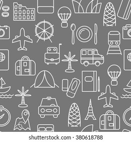 Thin line icons seamless pattern. Travel and transportation icon grey background for websites, apps, presentations, cards, templates.