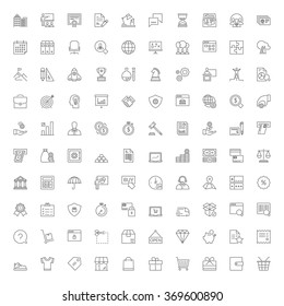 Thin line icons set. 100 flat symbols about business, finances and shopping