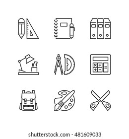 Thin line icons set about school supplies. Flat symbols