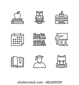 Thin Line Icons Set About School. Flat Symbols