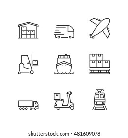 Thin line icons set  about logistics. Flat symbols