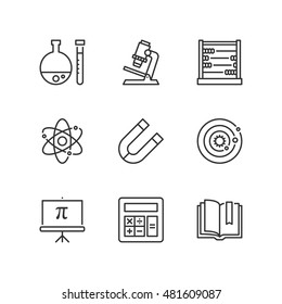 Thin line icons set about school. Science subjects. Flat symbols