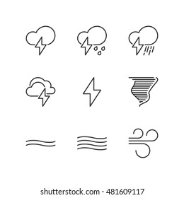 Thin line icons set about stormy weather. Flat symbols
