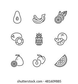 Thin line icons set about tropical fruit. Flat symbols