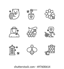 Thin line icons set about honey. Flat symbols