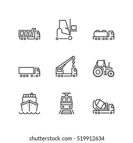 Thin line icons set about industrial vehicles. Flat symbols.