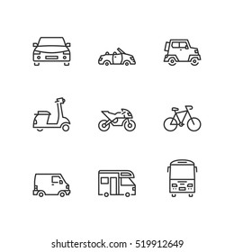 Thin line icons set about road transport. Flat symbols
