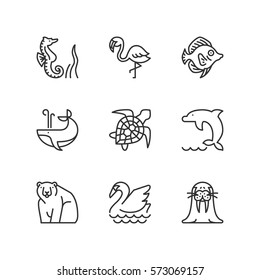 Thin line icons set about animals and water. Flat symbols