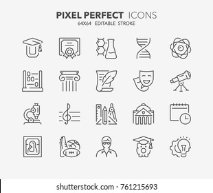 Thin line icons set of academic subjects and education. Outline symbol collection. Editable vector stroke. 64x64 Pixel Perfect.