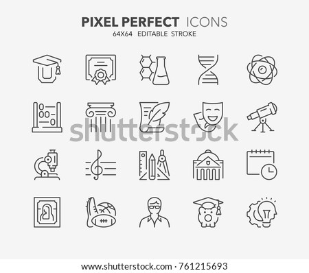 Thin line icons set of academic subjects and education. Outline symbol collection. Editable vector stroke. 64x64 Pixel Perfect.