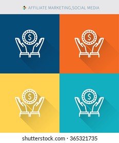 Thin thin line icons set of affiliate marketing and social media, modern simple style