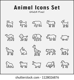 Thin line icons set of animals, wild, zoo. Editable vector stroke 64x64 Pixel.
