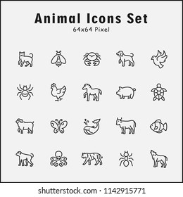 Thin line icons set of animals, wild, insect, zoo. Editable vector stroke 64x64 Pixel.