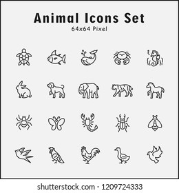 Thin line icons set of animals, wild, zoo. Editable vector stroke 64x64 Pixel.