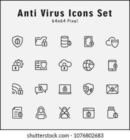 Thin line icons set of anti virus, data protection, virus infected. Editable vector stroke 64x64 Pixel.