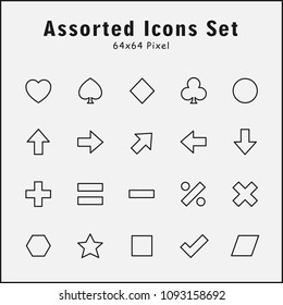 Thin line icons set of assorted, mathematics, arrow, gambler. Editable vector stroke 64x64 Pixel Perfect. 