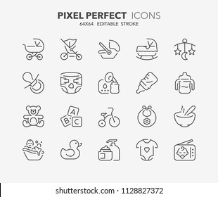 Thin line icons set of babies accessories and lactation. Outline symbol collection. Editable vector stroke. 64x64 Pixel Perfect. svg