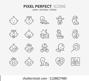 Thin line icons set of babies, motherhood and lactation. Outline symbol collection. Editable vector stroke. 64x64 Pixel Perfect.