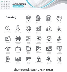 Thin line icons set of banking. Pixel perfect icons, editable stroke.