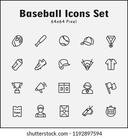 Thin line icons set of Baseball, Sports. Editable vector stroke 64x64 Pixel.