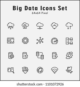 Thin line icons set of big data, cloud, transfer data. Editable vector stroke 64x64 Pixel.